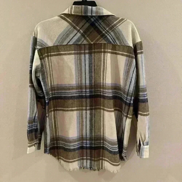 BLUE B Tan/Blue/Cream PLAID Mid-Weight Flannel BUTTON-UP Shirt Jacket Shacket S - Picture 4 of 4